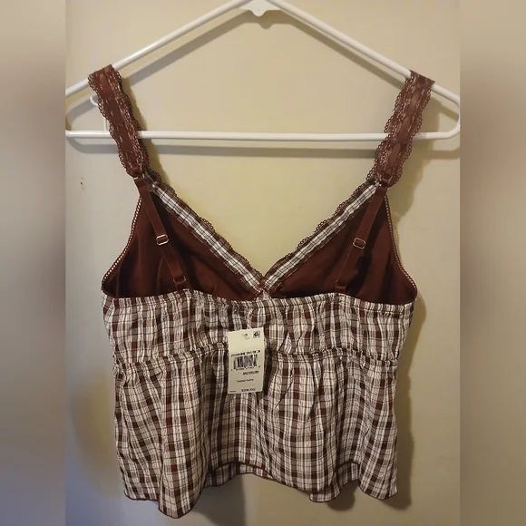 Red Plaid Lace Trim Women's Top - Picture 3 of 3